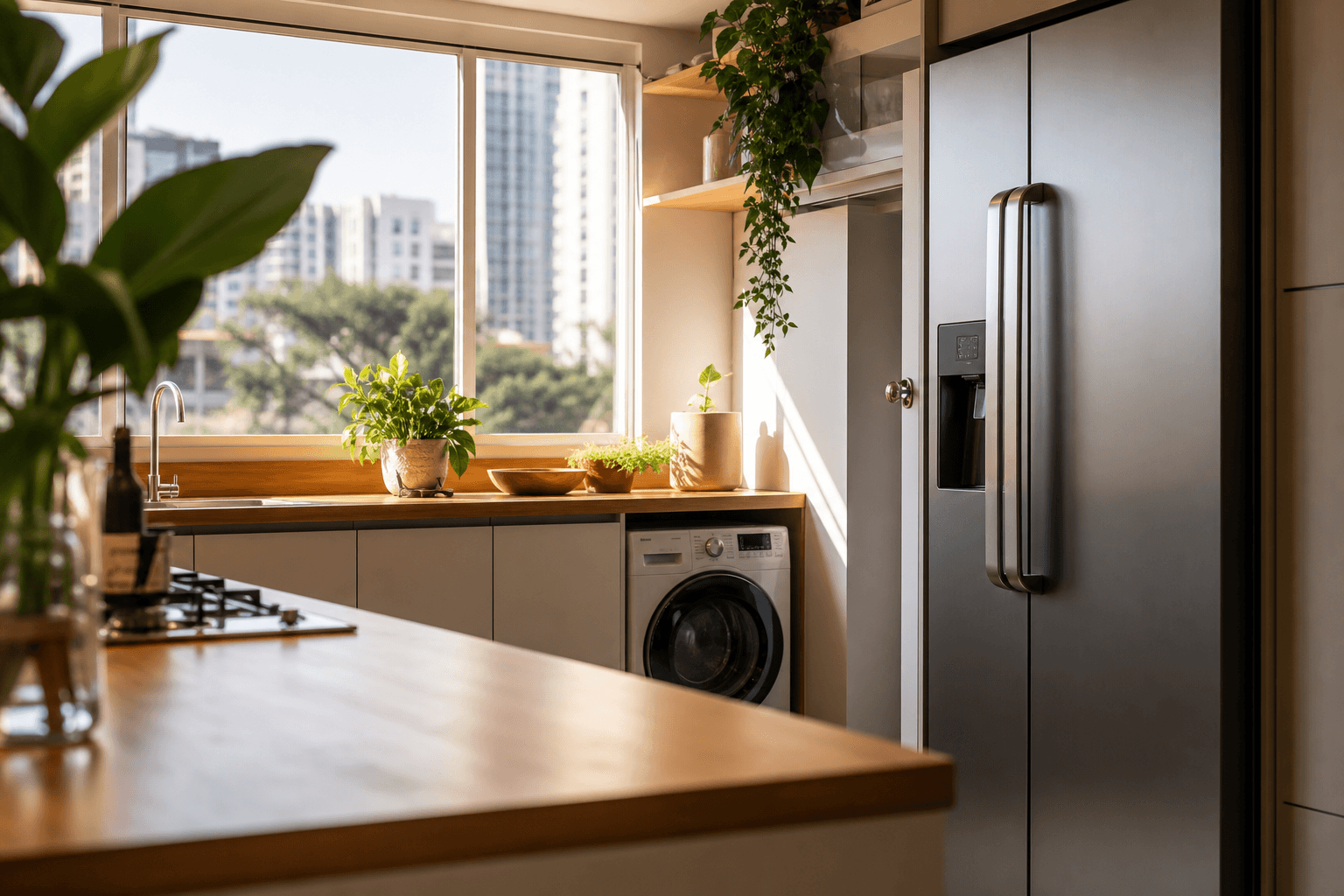 Cozinha moderna com geladeira — atendimento Reparo 360 em Taubaté